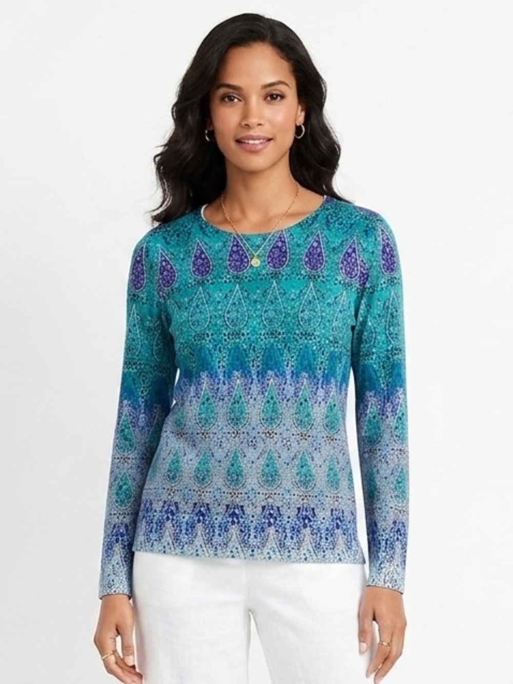 Talbots Teal and Blue Paisley Long Sleeve Knit Lightweight Sweater Top